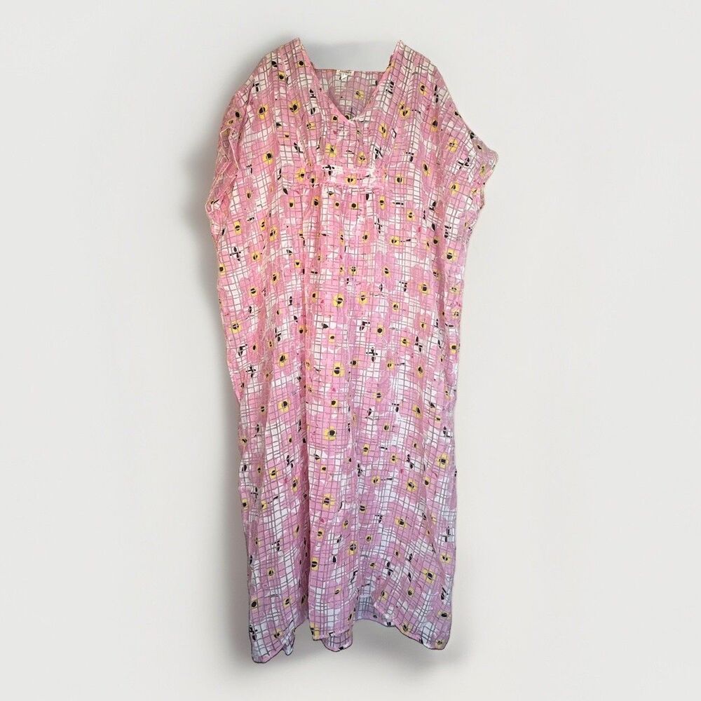 UniqueVintage Burton Kaftan Maxi Dress Pink Floral 70s Resort Glam Sheer Size OS